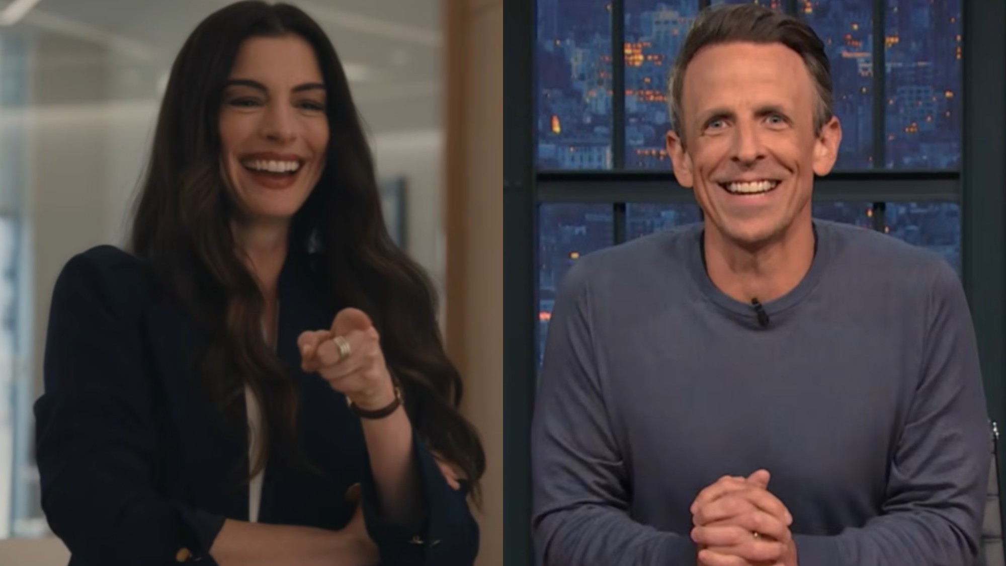 From left to right: Anne Hathaway smiling and pointing with her right hand in The Devil Wears Prada 2 and Seth Meyers smiling during Late Night. 