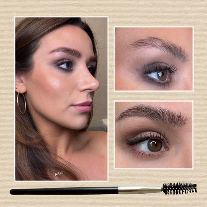 a girl with brown hair and her side profile pictured, then before and after nanobrows with an eyebrow spoolie on a tan background