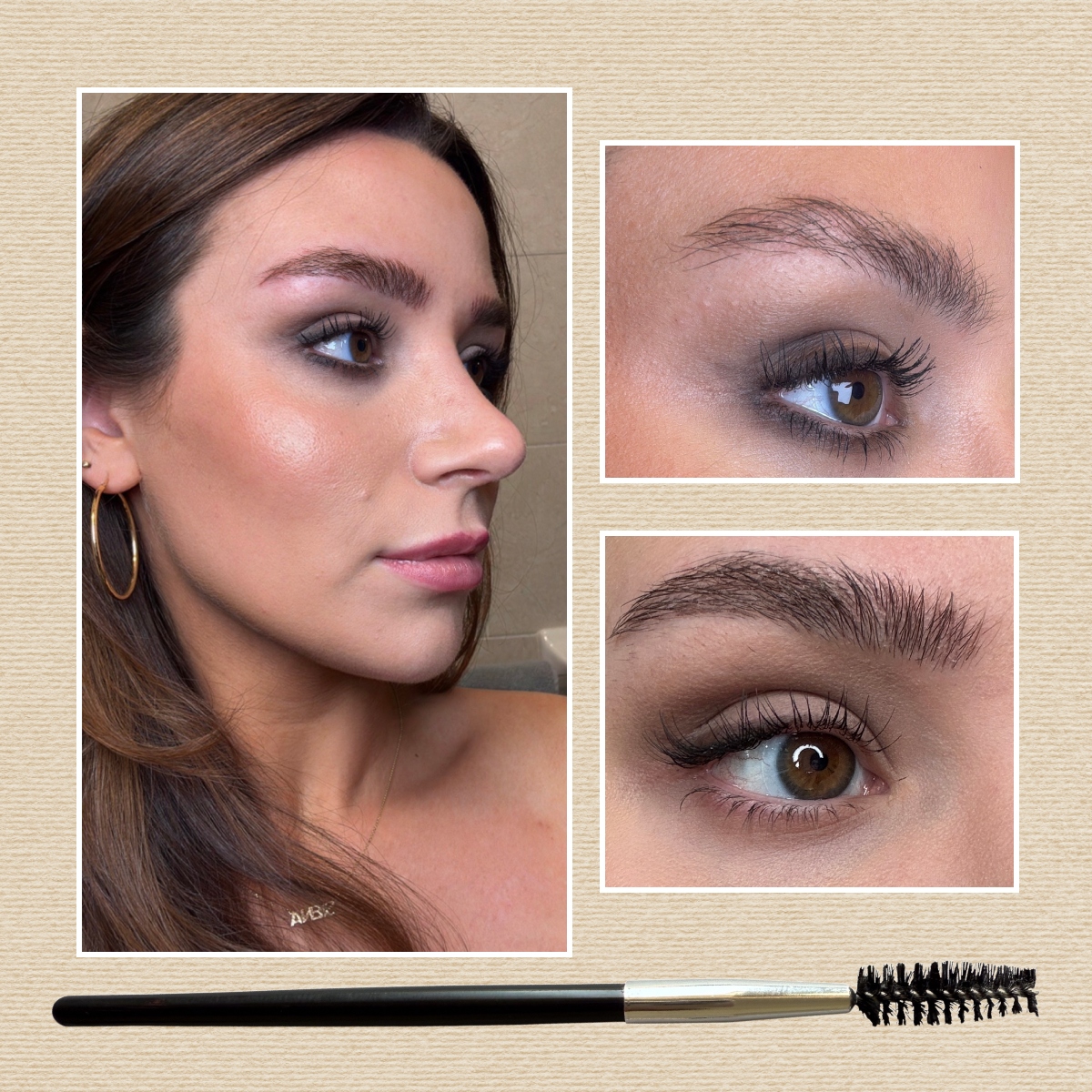 a girl with brown hair and her side profile pictured, then before and after nanobrows with an eyebrow spoolie on a tan background