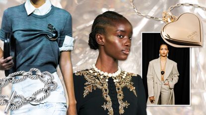 Graphic of fall 2023 jewelry trends of pearl necklaces, pendant necklaces, brooch, and a prada necklace,