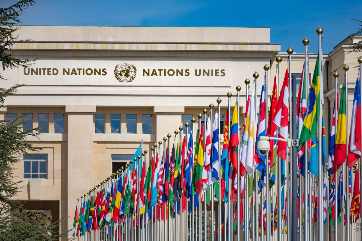 The UN building with flags in front