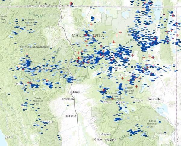 A map showing fires in Northern California.