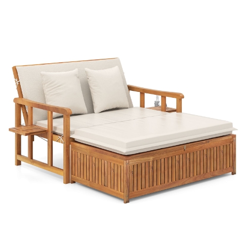 COSTWAY, Outdoor Daybed Acacia Wood Loveseat With Storage Ottoman and Cushions