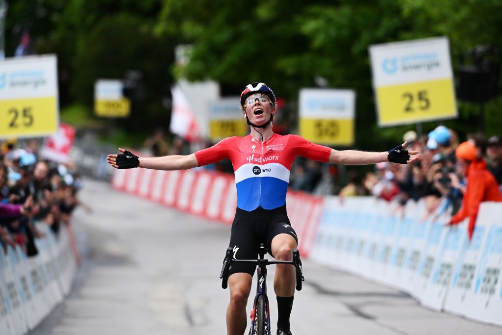 VILLARSSUROLLON SWITZERLAND JUNE 15 Demi Vollering of The Netherlands and Team SD WorxProtime celebrates at finish line as stage winner during the 4th Tour de Suisse Women 2024 Stage 1 a 586km stage from VillarssurOllon to VillarssurOllon 1249m UCIWWT on June 15 2024 in VillarssurOllon Switzerland Photo by Tim de WaeleGetty Images