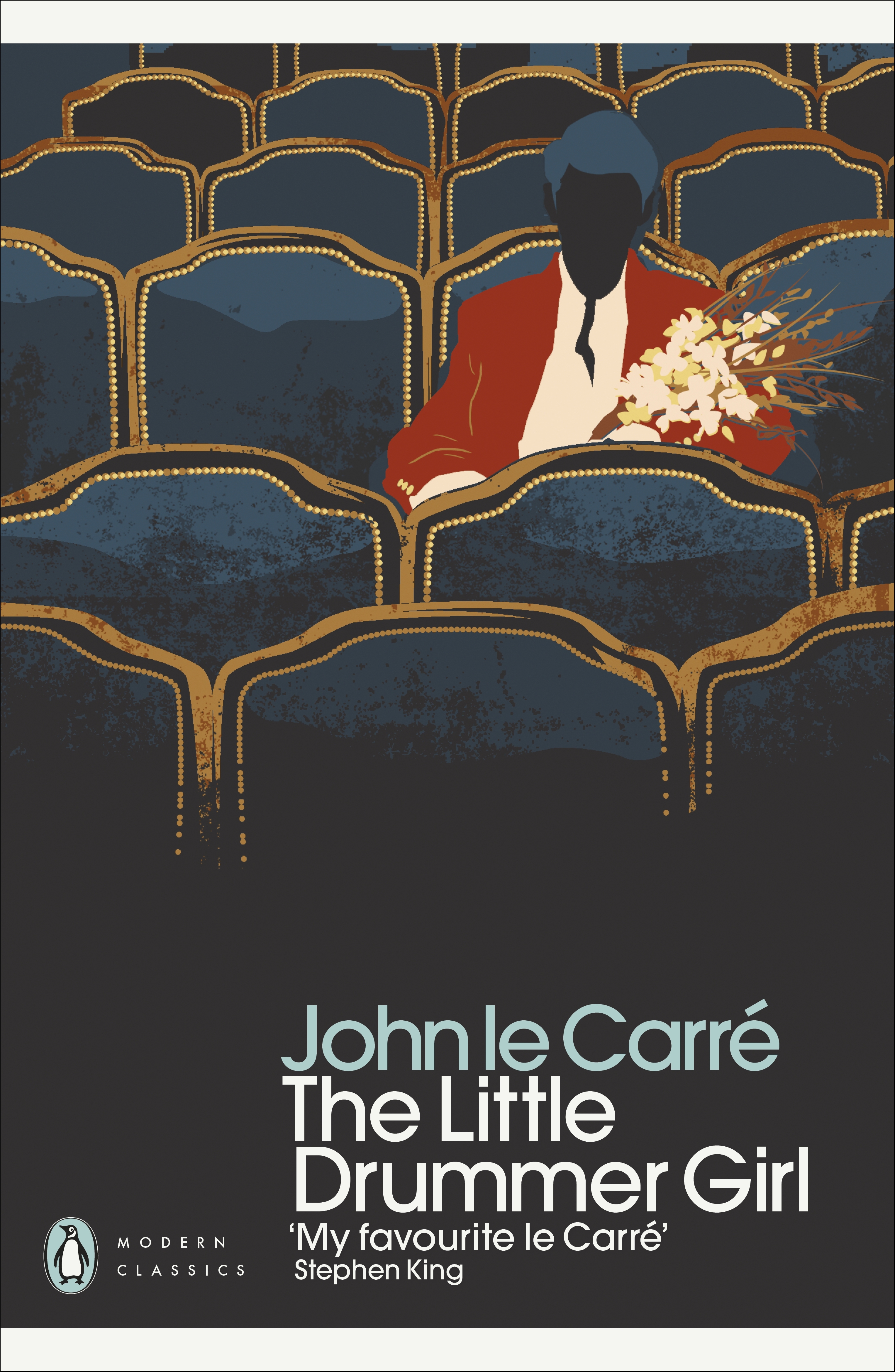 the cover of john le carre's little drummer girl featuring a man sitting in theater seats holding flowers