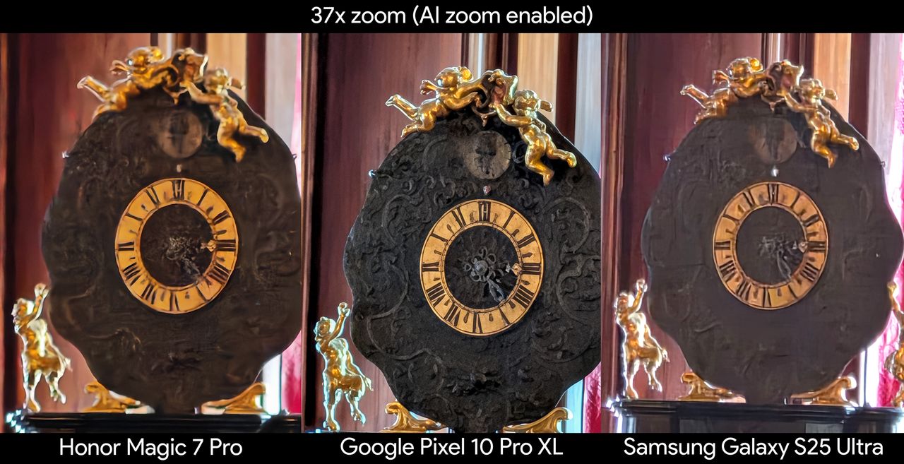 Comparing photos from the Google Pixel 10 Pro XL, Samsung Galaxy S25 Ultra, and Honor Magic 7 Pro of a dimly lit ornate clock at 37x zoom