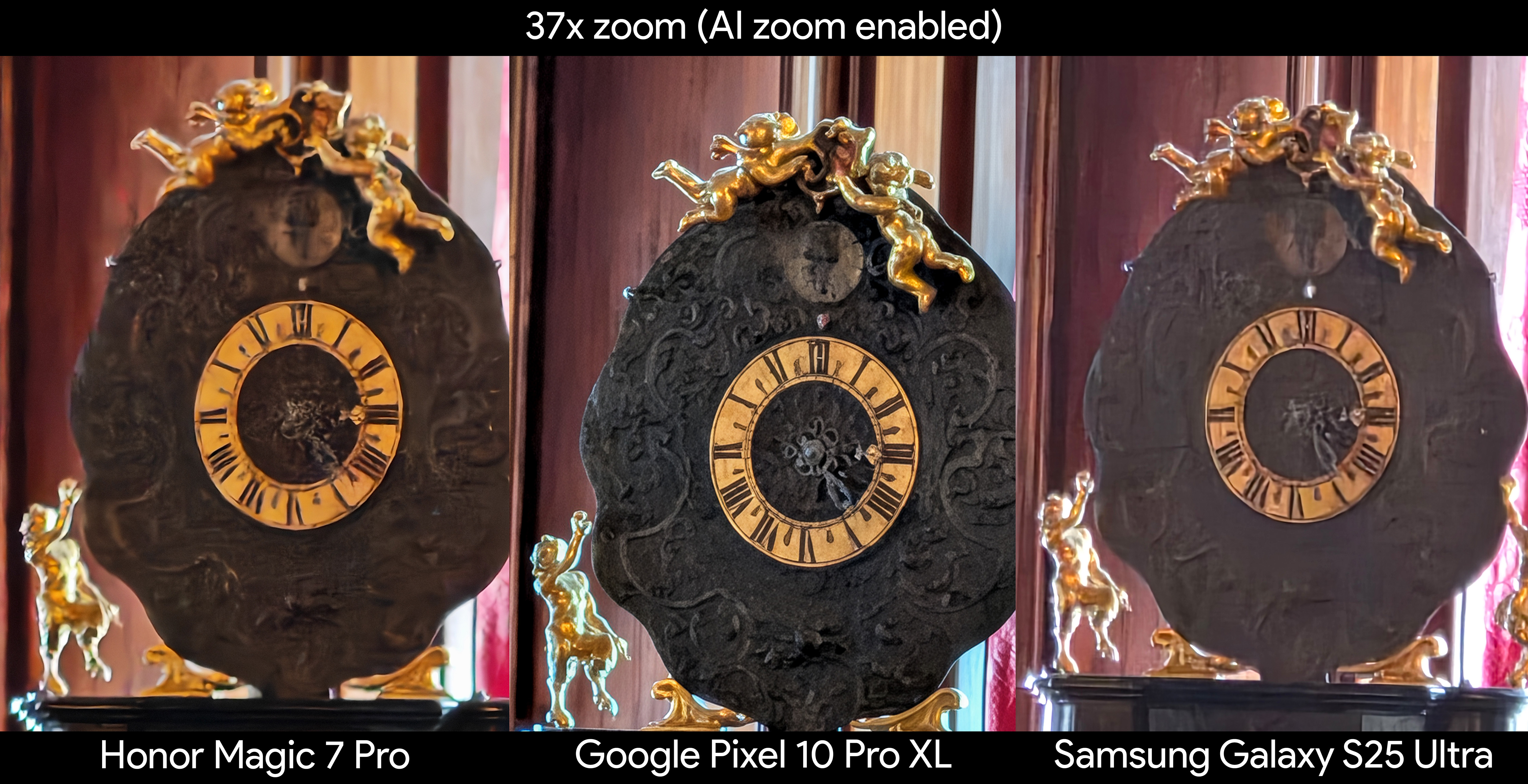 Comparing photos from the Google Pixel 10 Pro XL, Samsung Galaxy S25 Ultra, and Honor Magic 7 Pro of a dimly lit ornate clock at 37x zoom