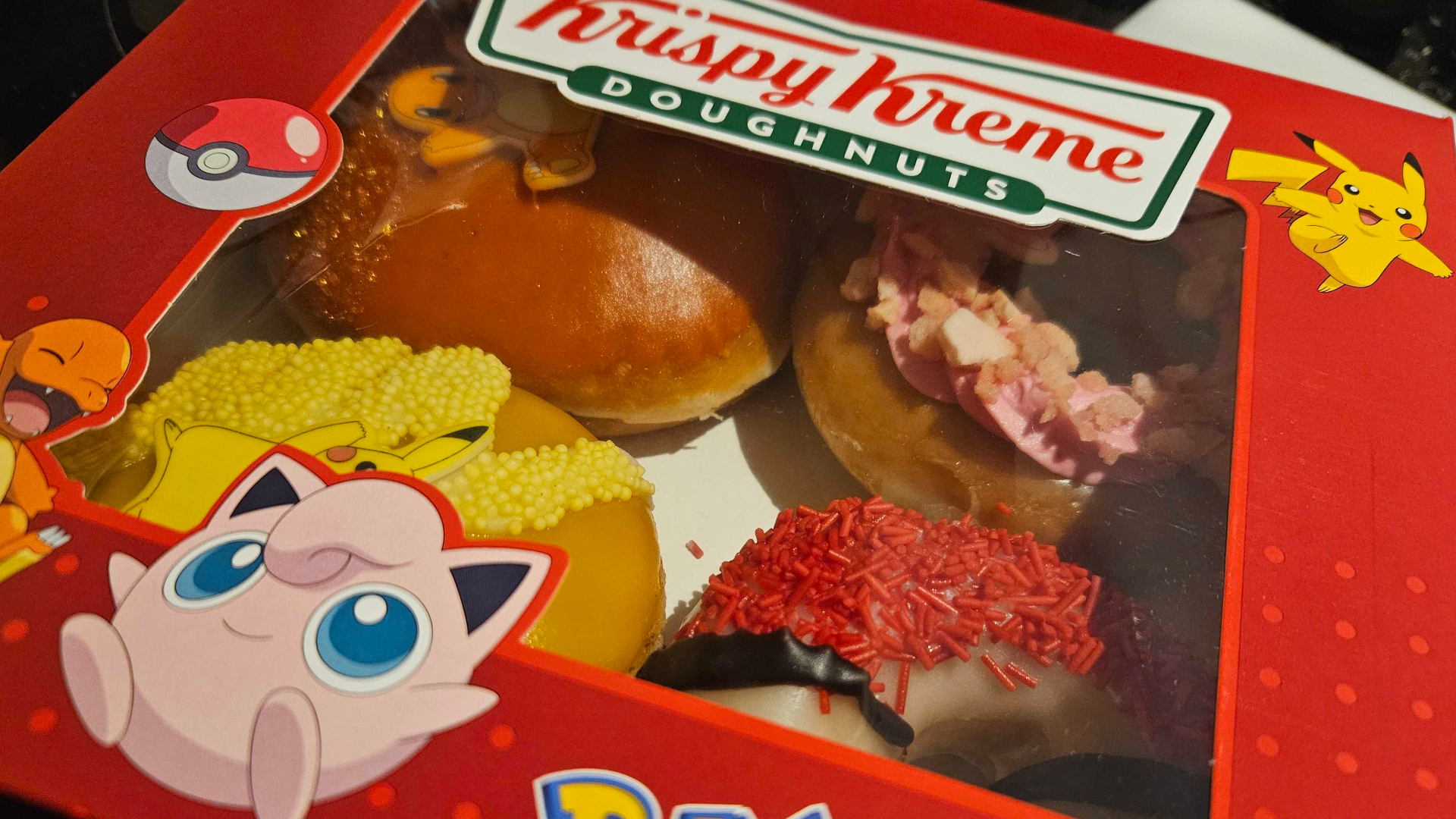 A box of Pokemon Krispy Kreme donuts