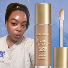 Ariel Baker headshot surrounded by two makeup products, all on a blue background.