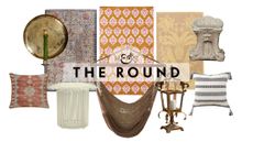Boho outdoor decor, including patterned throw pillows, a raffia side table, brass candle sconce, outdoor rugs, woven hammock chair, lantern, and cast cement stool, pictured against a white background