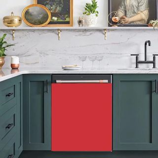 kitchen with red appliance decal