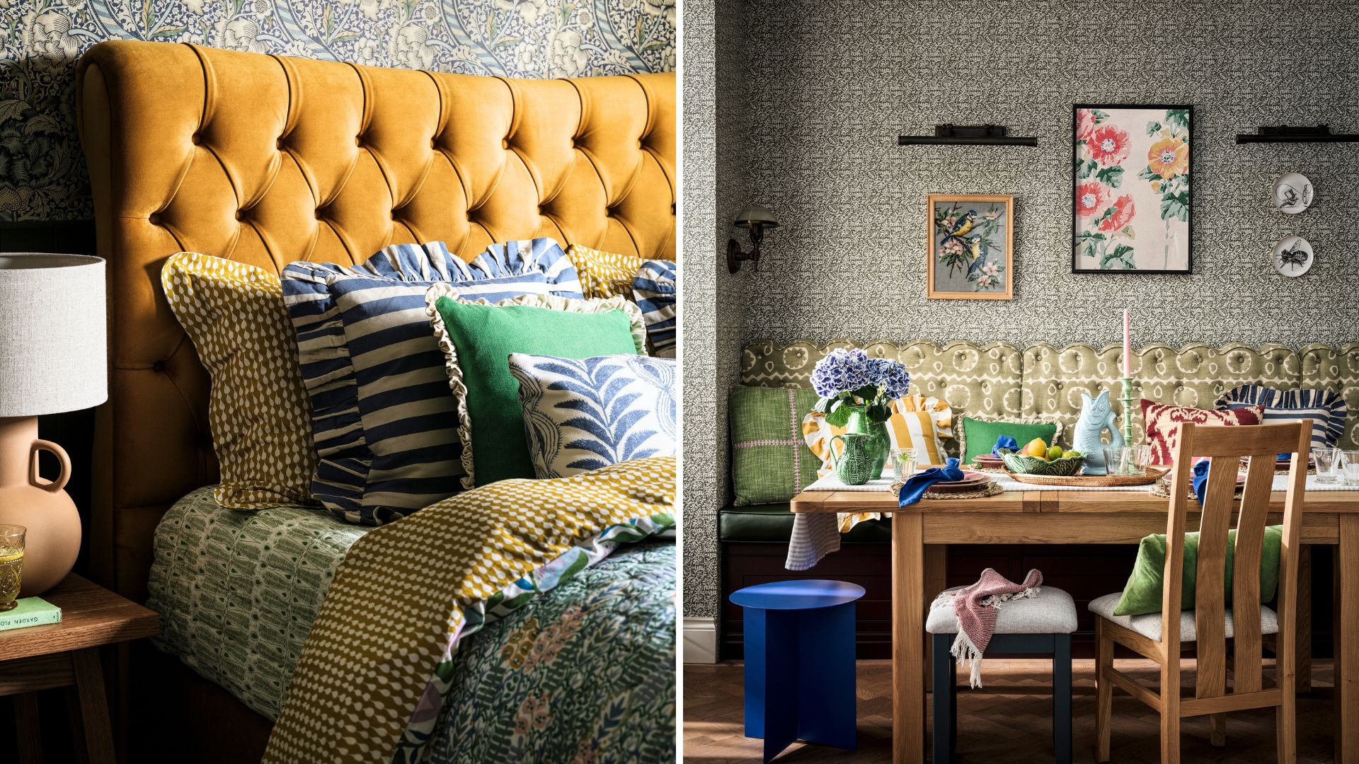 Split image of a bedroom with a yellow upholstered button-back bed next to a dining room with patterned wallpaper