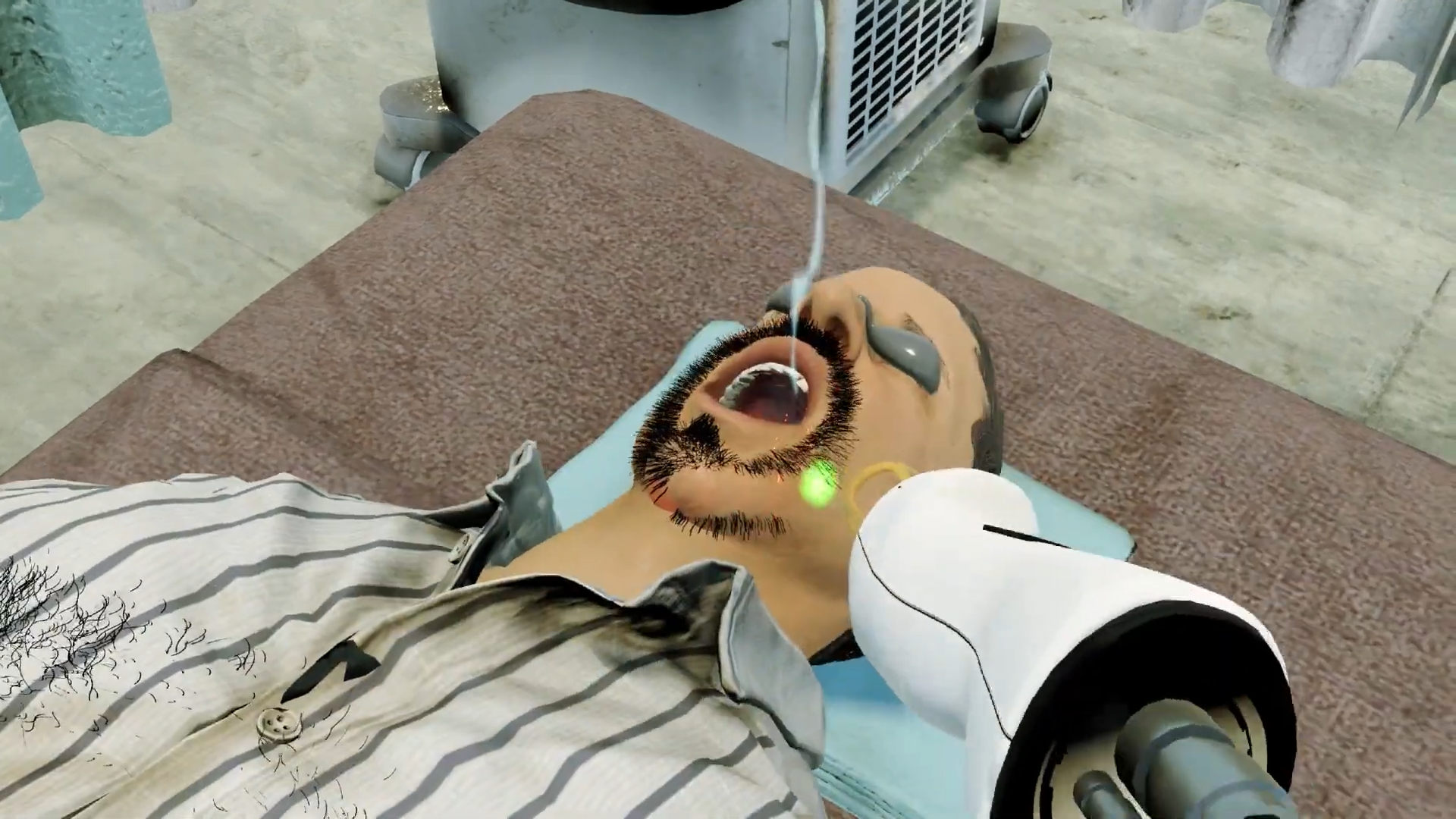 Hair Removal Salon Simulator screenshot showing a hairy man in pain 