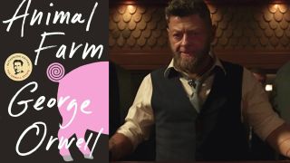 Animal Farm book and Andy Serkis in Black Panther