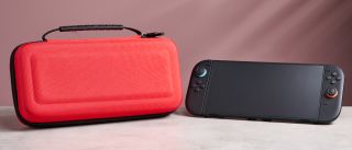 The Nacon Hard Carrying Case for Nintendo Switch 2 next to the Nintendo Switch 2 in front of a pink background.