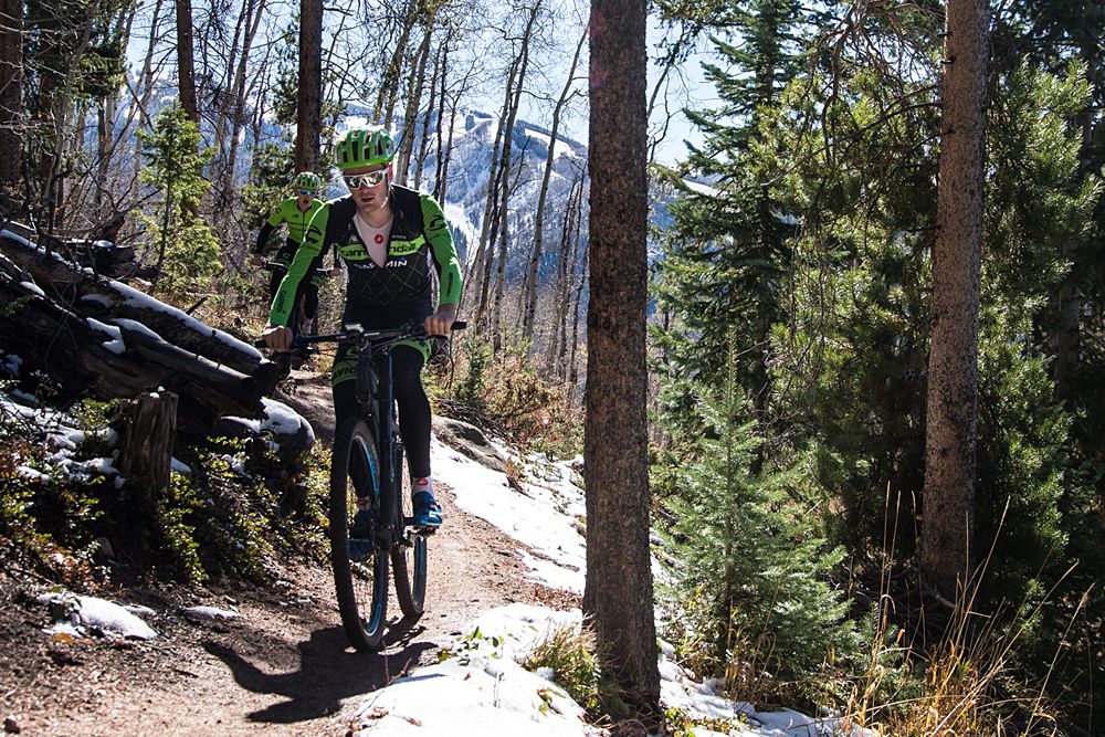Heading down the snow-lined trails
