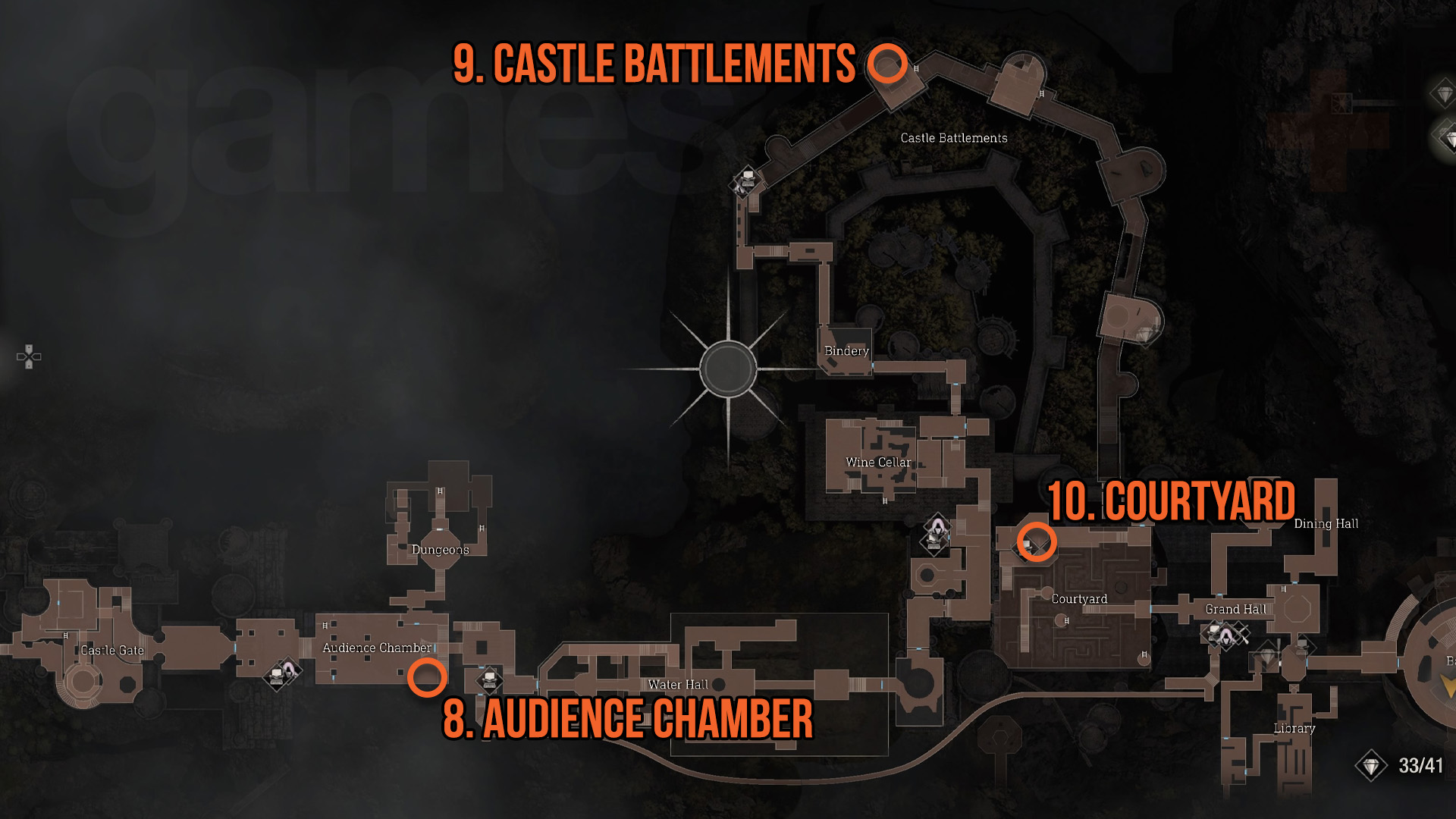 Resident Evil 4 Remake Yellow Herb map locations audience chamber, castle battlements, and courtyard