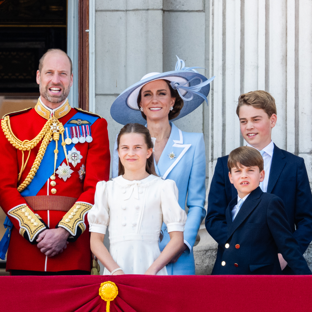 Prince William on the balcony at Trooping the Colour 2026 with George, Charlotte, Louis and Princess Kate