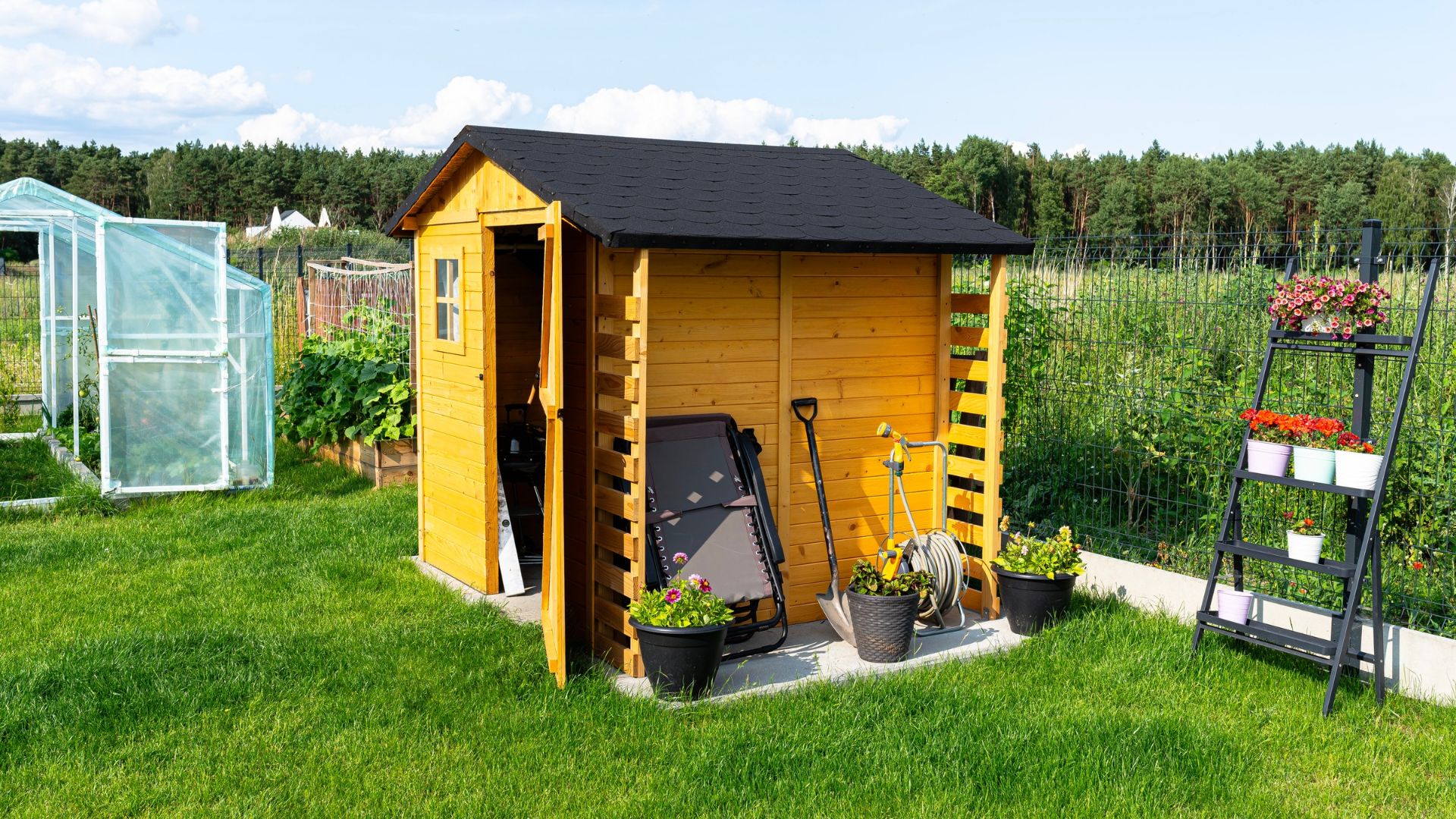picture of shed in garden with concrete flags underneath