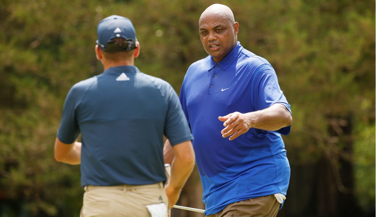 Barkley talks to Sergio Garcia at the LIV Pro-Am