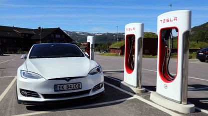 A Tesla vehicle at a charging station