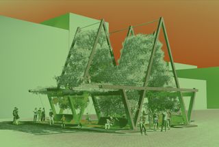 London Design Festival 2024 installation Vert, by Stefan Diez and AHEC, a structure made of triangular frames shown here as a render with a green tint
