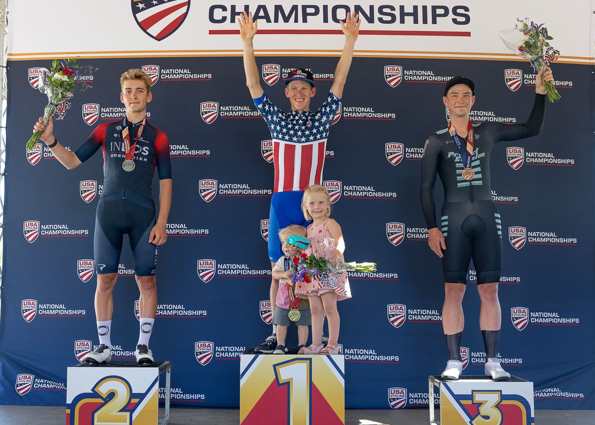 Men's Pro TT podium: Lawson Craddock (Team Bike Exchange - Jayco) 1st, Magnus Sheffield (INEOS Grenadiers) 2nd, George Simpson (Project Echelon Racing) 3rd.