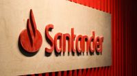 The Santander logo, on the side of a wall with red accents.