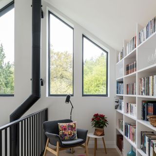 mezzanine with library and stove