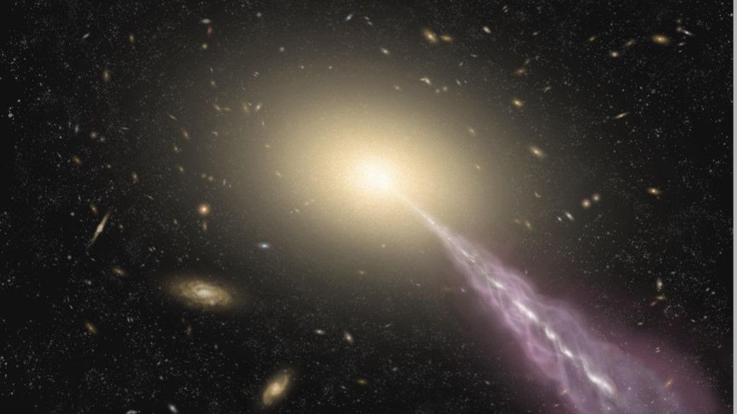 An artist&#039;s impression of a galaxy hosting a quasar and releasing a jet of particles out of the galaxy.