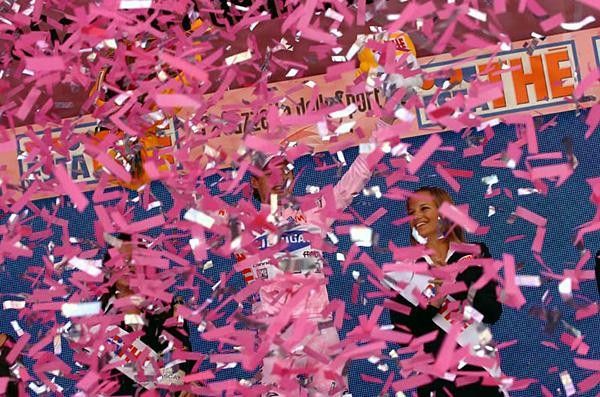 Danilo Di Luca (Liquigas) covered in pink.