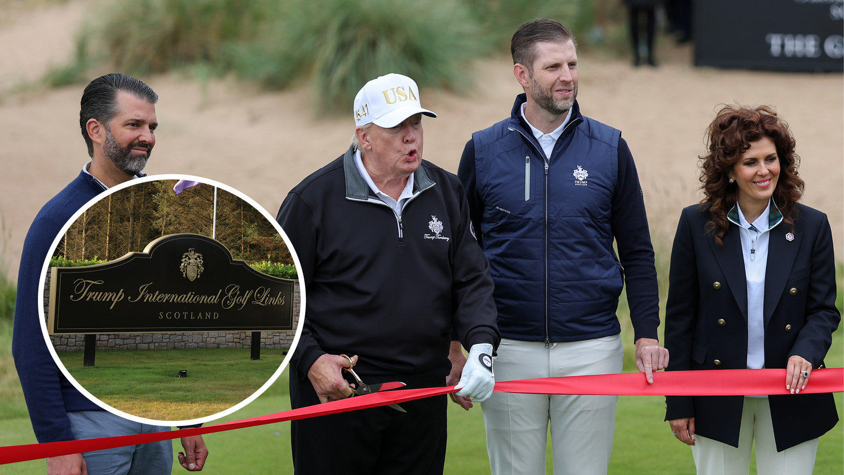 Main image of Donald Trump cutting the ribbon at his new Trump International Golf Links in Scotland on Tuesday, July 29, 2025