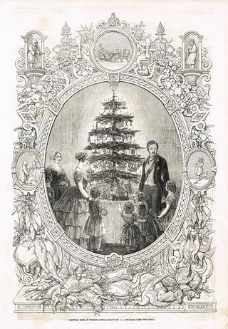 Victoria, Albert and the Royal Family gathering around the Christmas Tree at Windsor Castle in 1848