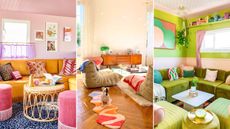 Dopamine decor is so beautiful. Here are three pictures of it - one of a pink living room, one of an orange living room, and one of a green living room