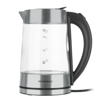 lid glass kettle with black handle and wire