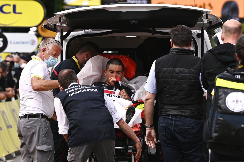 Caleb Ewan (Lotto Soudal) crashes in the final sprint on stage 3 at the Tour de France