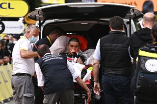 PONTIVY FRANCE JUNE 28 Caleb Ewan of Australia and Team Lotto Soudal involved in a crash at arrival during the 108th Tour de France 2021 Stage 3 a 1829km stage from Lorient to Pontivy LeTour TDF2021 Marco Haller of Austria and Team Bahrain Victorious Jack Haig of Australia and Team Bahrain Victorious involved in a crash Injury on June 28 2021 in Pontivy France Photo by AnneChristine Poujoulat PoolGetty Images