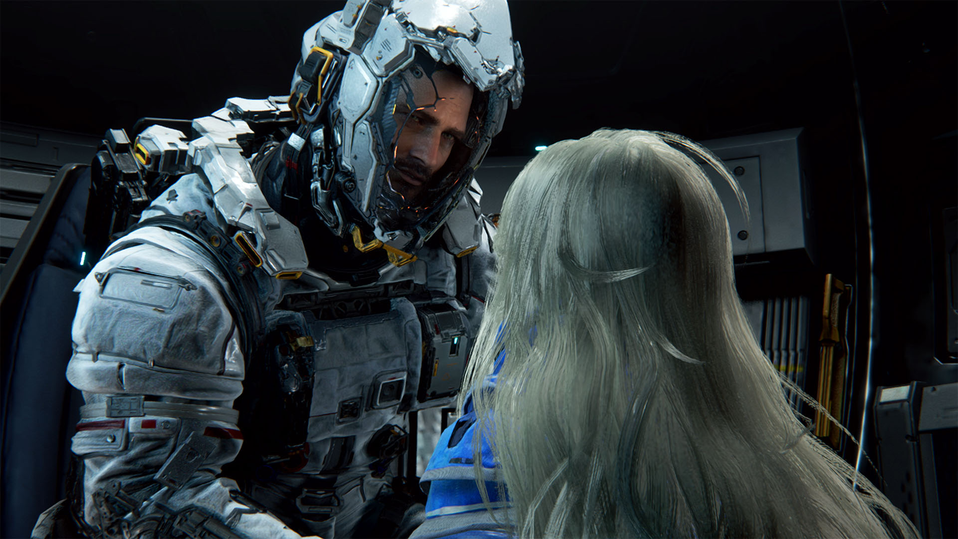 Hugh speaks with Diana while taking a knee in Pragmata, his face visible through his open helmet