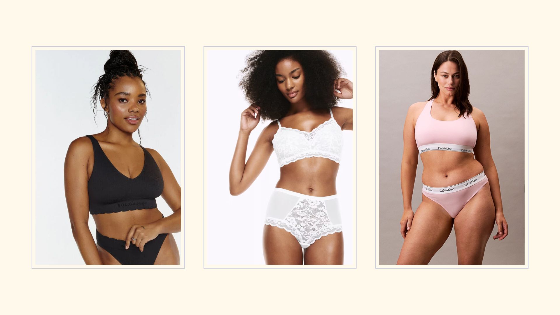 three women in bralettes, a black one, a white one and a pink one