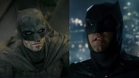 Robert Pattinson and Ben Affleck's Batman side by side.
