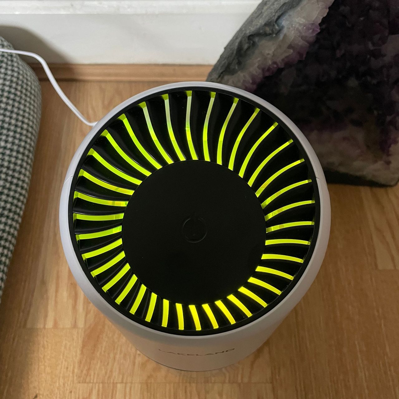 Top of the Lakeland dehumidifier with yellow ambient lighting