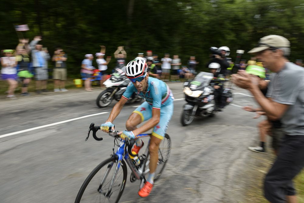 Vincenzo Nibali on the attack during stage 19 of the 2015 Tour de France.