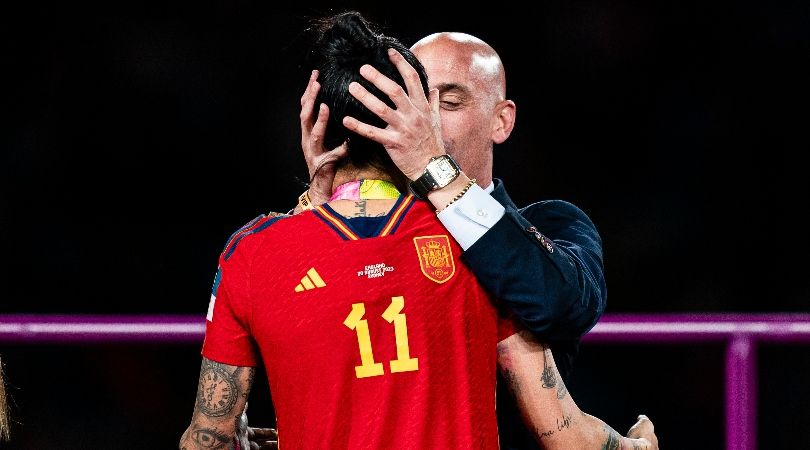 Spanish Football Federation president Luis Rubiales kisses Spain&#039;s Jenni Hermoso after the team&#039;s win over England in the Women&#039;s World Cup final in Sydney in August 2023.