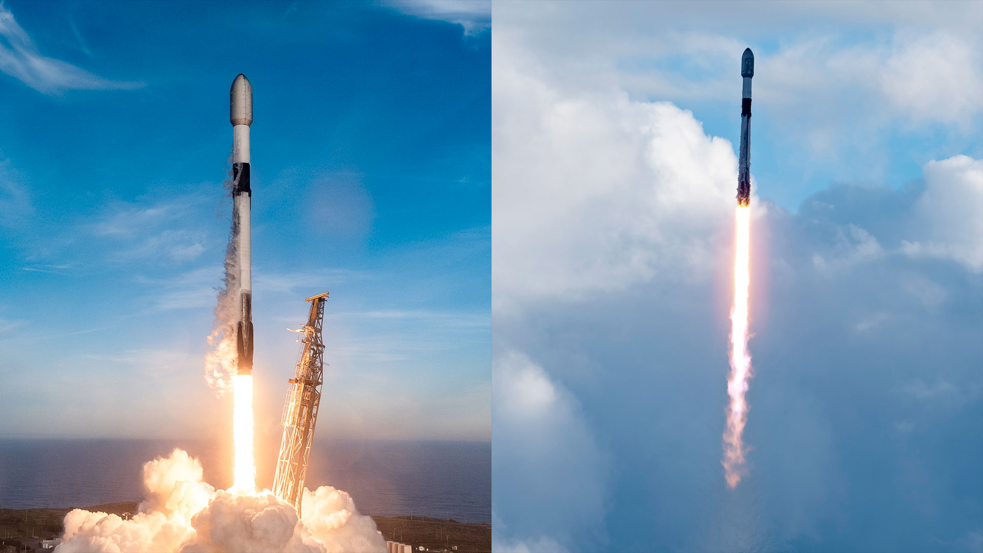 montage of two photos showing white and black rockets launching to blue skies 