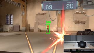 A screenshot from a YouTube video showing a mousepad-moving aimbot in Valorant's shooting range