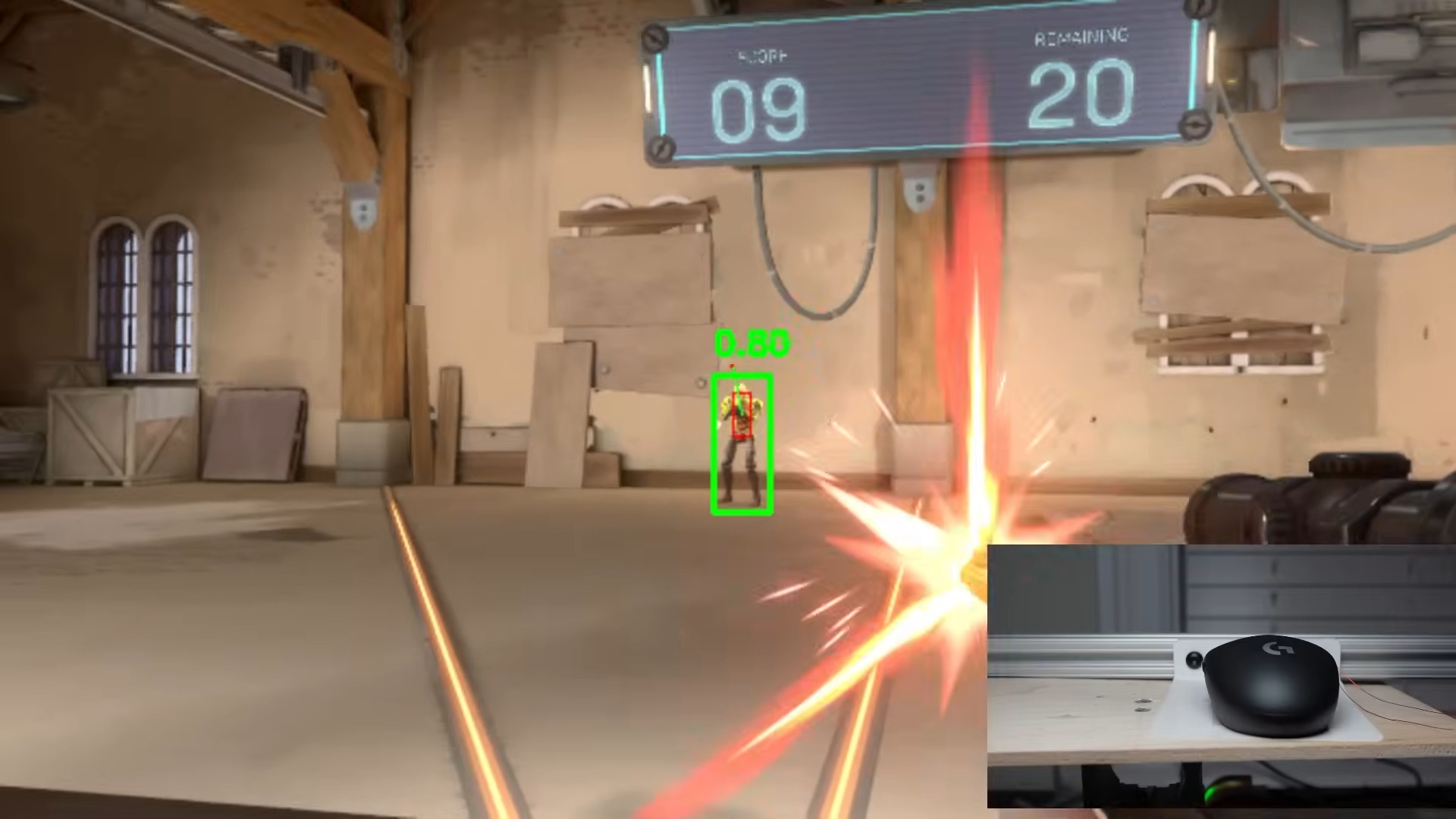 A screenshot from a YouTube video showing a mousepad-moving aimbot in Valorant&#039;s shooting range