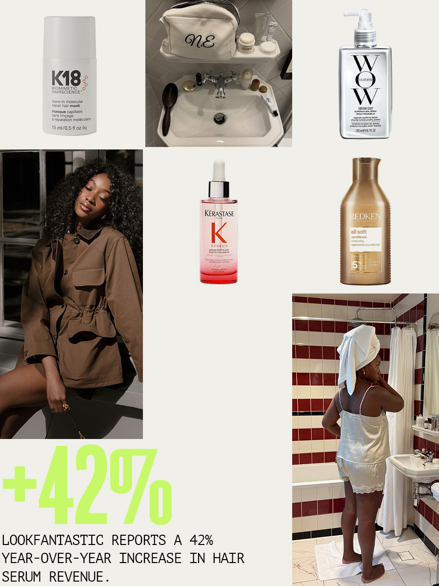 A collage of bestselling hair health products and lifestyle imagery of women doing their hair alongside a stat from Lookfantastic on hair serum revenue in 2025