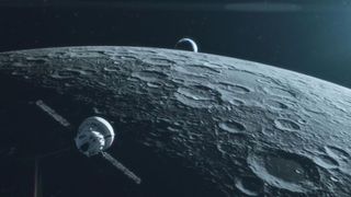 Artist's illustration shows the Orion spacecraft above the surface of the moon with Earth in the distance. 
