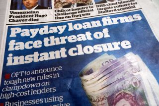 Payday loan firms face threat of instant closure" OFT front page newspaper headlines Independent 6 March 2013 in London England UK Great Britain. Image shot 03/2013. Exact date unknown.