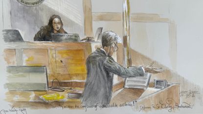 Court sketch of Ryan Routh talking in his assassination attempt trial before U.S. District Judge Aileen Cannon